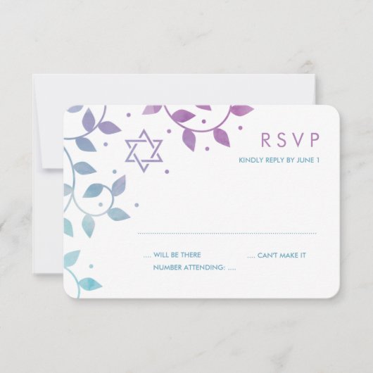 Moderne Lila und Aquamarine Bat Mitzvah RSVP Karte (Vorderseite)