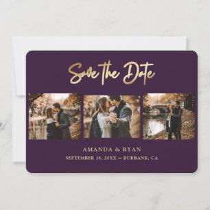 Moderne Lila und goldene Foil Wedding 3 Foto Save The Date