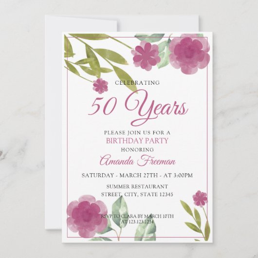 Moderne Lila und grüne Blume Mutter Geburtstag Einladung (Vorderseite)