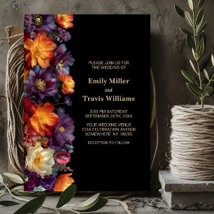 Moderne lila und orange florale schwarze Hochzeit Einladung