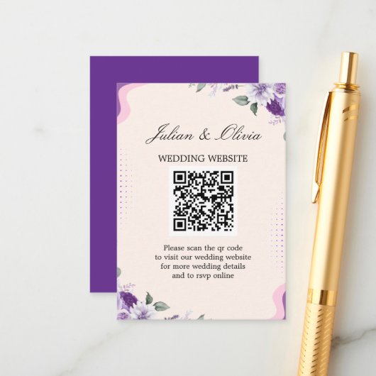 Moderne lila und violette florale QR-Code-Hochzeit Begleitkarte (Vorderseite/Rückseite Beispiel)