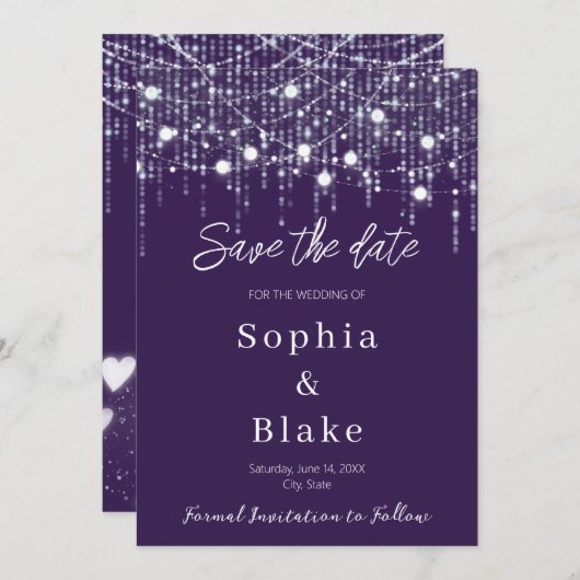 Moderne Lila und weiße Hanglampen Save the Date Einladung (Vorne/Hinten)