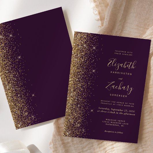 Moderne Lila Violet Gold Glitzer Edge Wedding Einladung