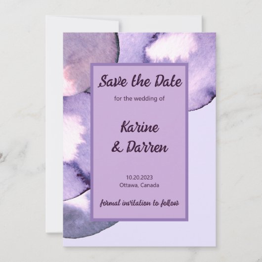 Moderne lila Violette Save The Date (Vorderseite)