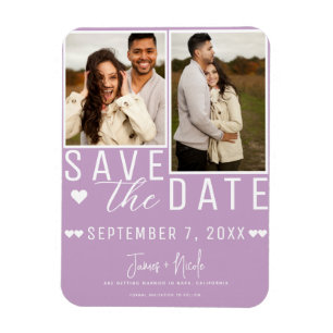 Moderne lila violette Save-the-Date-Karte mit 2 Fo Magnet
