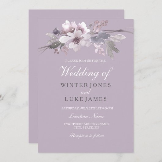 Moderne Lila Wasserfarbenhochzeit Einladung (Vorne/Hinten)