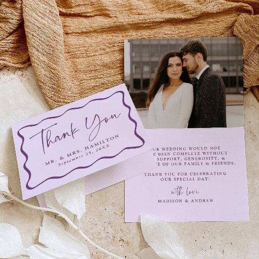 Moderne Lila Wavy Frame Foto Hochzeit Vielen Dank Dankeskarte