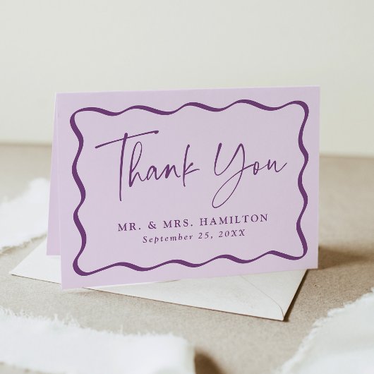 Moderne Lila Wavy Frame Foto Hochzeit Vielen Dank Dankeskarte