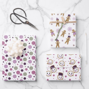 Moderne Lila Weihnachtsschneemänner Lebkuchen Männ Geschenkpapier Set