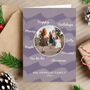 Moderne lila Weihnachtswünsche Familienfoto Feiertagskarte