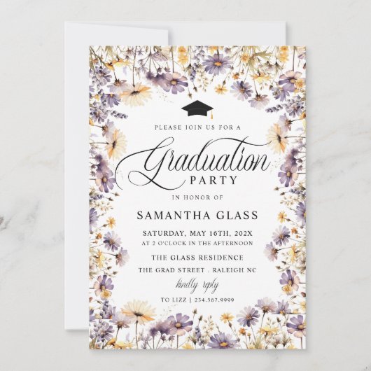 Moderne Lila Wildblumen Skriptabiturpartei Ankündigung (Vorderseite)
