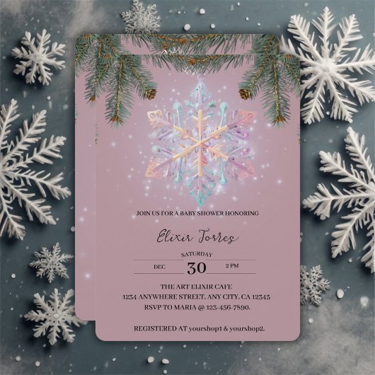 Moderne Lila Winterschneeflocken Niedliche Babydus Einladung