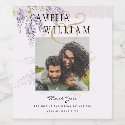 Moderne Lila Wisteria Floral Hochzeit Weinetikett (Einzelnes Label)