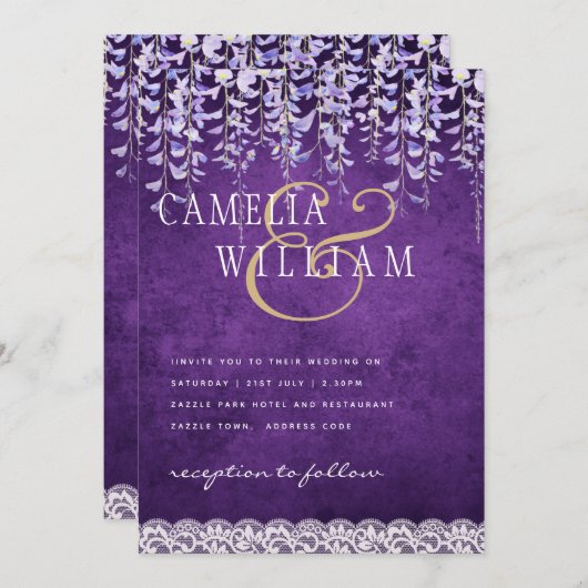 Moderne Lila Wisteria Lace Wedding Einladung (Vorne/Hinten)
