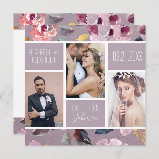Moderne Lilac Floral Foto Collage Hochzeit Dankeskarte (Vorne/Hinten)