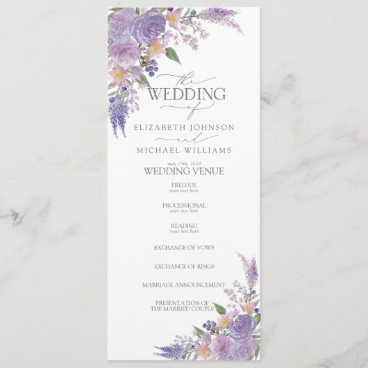 Moderne Lilac Lavender Mauve Script Floral Wedding Programm (Vorderseite)