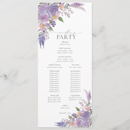 Moderne Lilac Lavender Mauve Script Floral Wedding Programm (Rückseite)