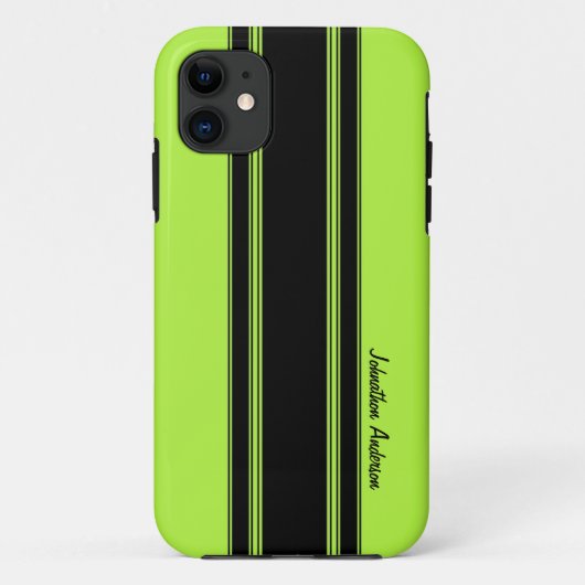 Moderne Lime Green Racing Streifen mit Namen Case-Mate iPhone Hülle (Rückseite)