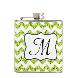 Moderne Limette Glitter Chevron Monogramm Whiskyfl Flachmann