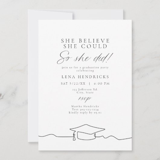Moderne Line Art Sie glaubte Graduation Party Einladung (Vorderseite)