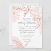 Moderne Linie Art Floral Peony Navy Orange Leaf Einladung (Vorderseite)