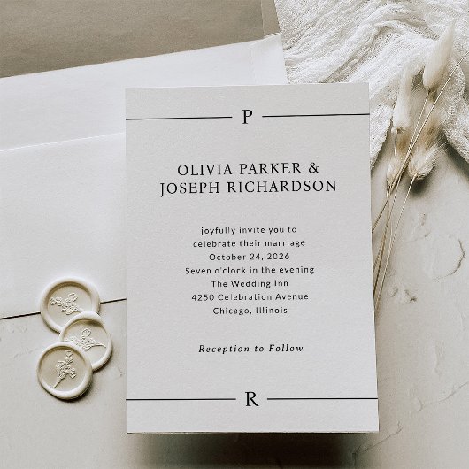 Moderne Linien und Monogramm Schwarz-Weiß-Hochzeit Einladung