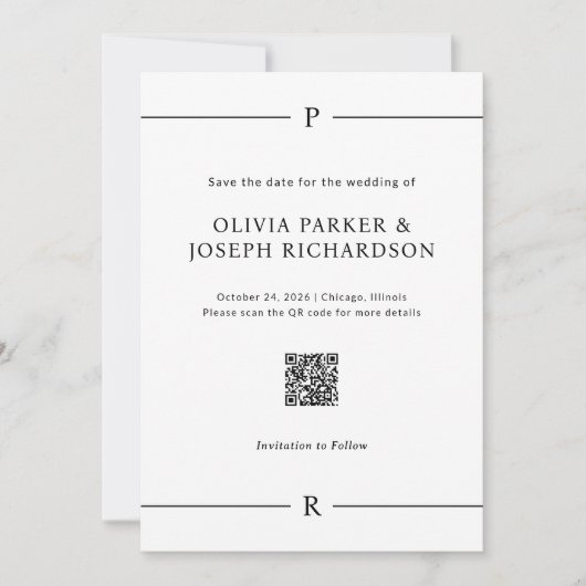 Moderne Linien und Monogramm, Weißer QR-Code und F Save The Date (Vorderseite)