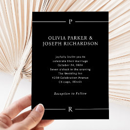 Moderne Linien und Monogramme | Dunkle Schwarze Ho Einladung