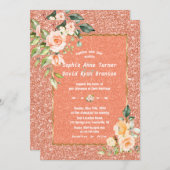 Moderne Living Coral Blume Korallen Glitzer Hochze Einladung (Vorne/Hinten)
