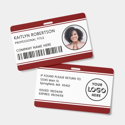 Moderne Logo-Barcode-Burgunder-Mitarbeiter-Foto-ID Ausweis (Vorder- & Rückseite)