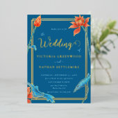 Moderne Lotus Blume Orange und Blue Wedding Folieneinladung (Stehend vorne)