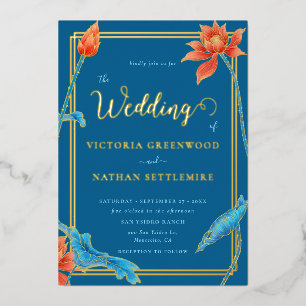 Moderne Lotusblume Orange und Blaue Hochzeit Folieneinladung