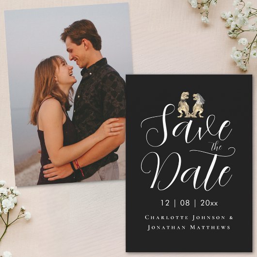 Moderne lustige Dinosaurier-Hochzeit Fotos Save The Date