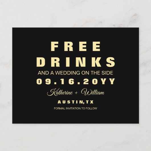 Moderne lustige freie Getränke, die Save the Date Ankündigungspostkarte (Vorderseite)