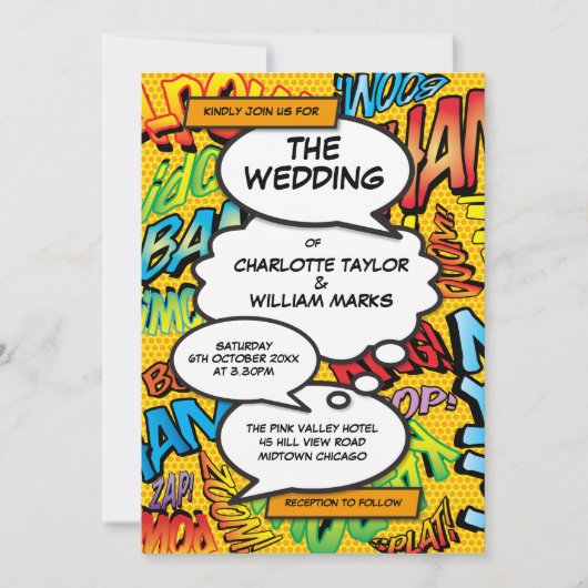 Moderne lustige typografische Comic-Hochzeit Einladung (Vorderseite)