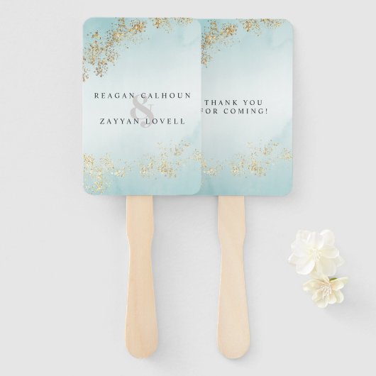 Moderne Luxe Gold Flecks Aquamarine Nebelhochzeit Fächer (Vorne und Hinten)