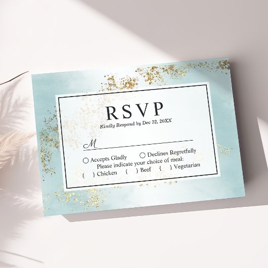 Moderne Luxe Gold Flecks Aquamarine Nebelhochzeit RSVP Karte