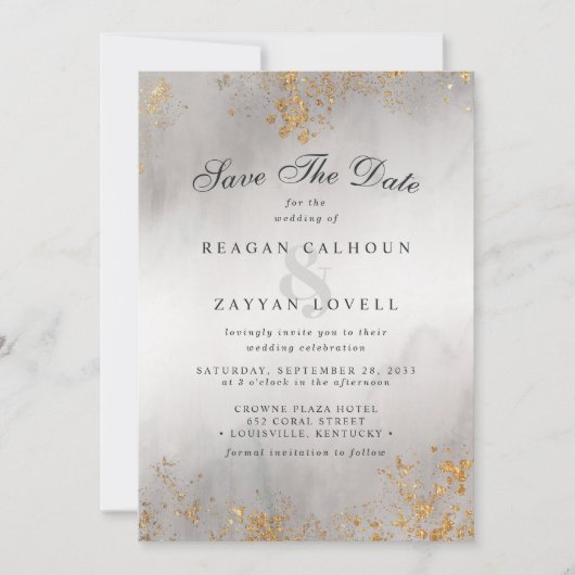 Moderne Luxe Gold Flecks Grau Mist Save the Date (Vorderseite)