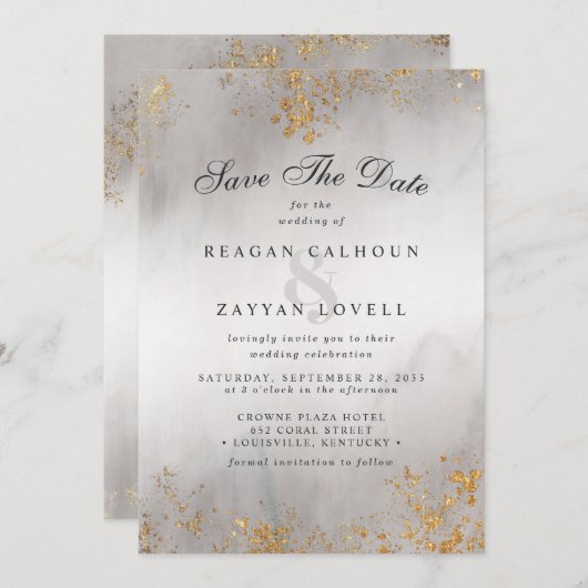 Moderne Luxe Gold Flecks Grau Mist Save the Date (Vorne/Hinten)