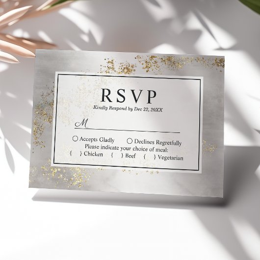 Moderne Luxe Gold Flecks Grau Wasserfarbenhochzeit RSVP Karte