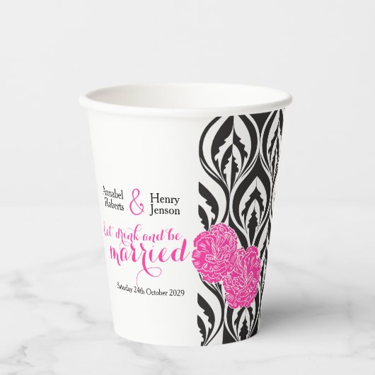 Moderne luxuriöse Schwarz-weiß- & rosa Hochzeit Pappbecher (Vorderseite)