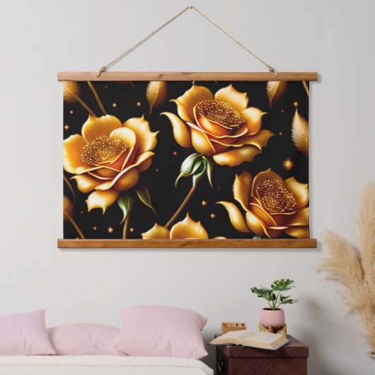 Moderne Luxus Boho Gold Rose Kollektion Wandteppich Mit Holzrahmen (Schlafzimmer)