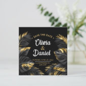 Moderne Luxus-Chic Black and Gold Tropical Palm Save The Date (Stehend Vorderseite)