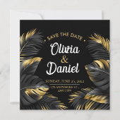 Moderne Luxus-Chic Black and Gold Tropical Palm Save The Date (Vorderseite)