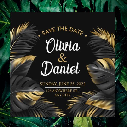 Moderne Luxus-Chic Black and Gold Tropical Palm Save The Date