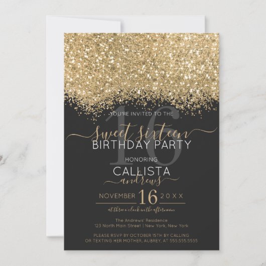 Moderne Luxus Gold Black Glitzer Confetti Sweet 16 Einladung (Vorderseite)