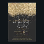 Moderne Luxus Gold Black Glitzer Confetti Sweet 16 Einladung<br><div class="desc">Das elegante, glamouröse und moderne 16 . Geburtstag Geburtstagsfest lädt zum zeitgenössischen und stilvollen Teenager ein. Es verfügt über ein Imitat gedruckt Gold funkelnd Glitzer Konfetti gesprenkelt Farbblock auf einem einfachen schwarzen Hintergrund mit einer großen Zahl "16" in einem passenden goldenen Ton. Die Rückseite zeigt den gleichen Glitzer, aber eine...</div>
