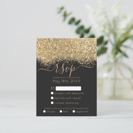 Moderne Luxus Gold Black Glitzer Confetti Wedding RSVP Karte (Stehend Vorderseite)