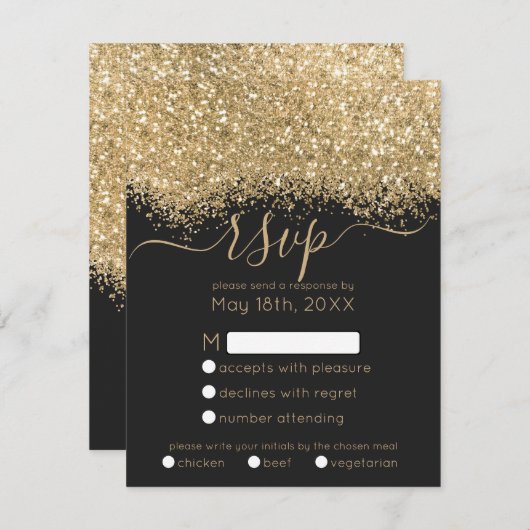 Moderne Luxus Gold Black Glitzer Confetti Wedding RSVP Karte (Vorne/Hinten)