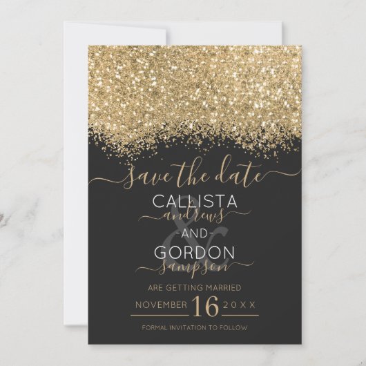 Moderne Luxus Gold Black Glitzer Confetti Wedding Save The Date (Vorderseite)